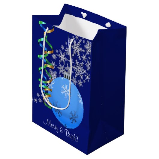 Sac Cadeau Moyen Flocon de neige bleu en ampoule de Noël (Devant Angle)