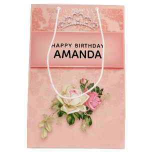 Sac Cadeau Moyen Floral rose avec Diamond Tiara Princess Design
