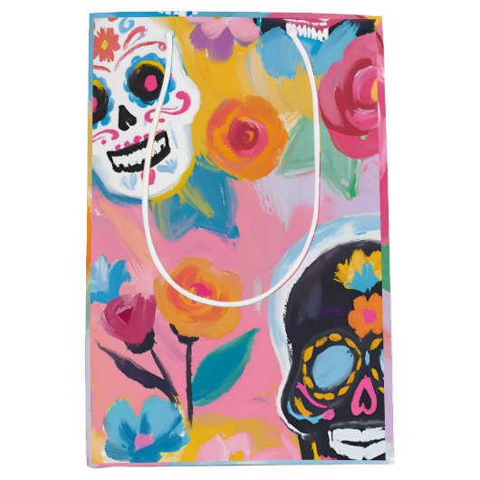 Sac Cadeau Moyen Floral rose et noir Dia de Muertos (Devant)
