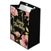 Sac Cadeau Moyen Floral rose or noir Anniversaire (Devant Angle)