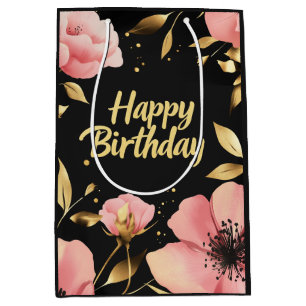 Sac Cadeau Moyen Floral rose or noir Anniversaire