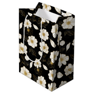 Sac Cadeau Moyen Flore blanche et or sur noir