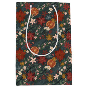 Sac Cadeau Moyen Flore Vintage d'hiver dessinée à la main Vert fonc