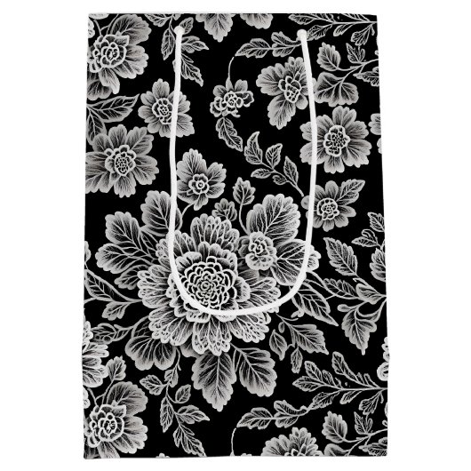 Sac Cadeau Moyen Flores de dentelle blanche sur noir (Dos)