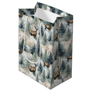 Sac Cadeau Moyen Forêt de cerfs à l'aquarelle hivernale (1)