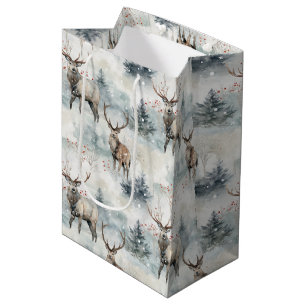Sac Cadeau Moyen Forêt de cerfs aquarelle d'hiver (4)