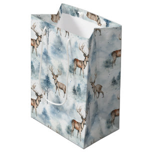 Sac Cadeau Moyen Forêt de cerfs aquarelle d'hiver (5)