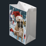 Sac Cadeau Moyen French Bulldog Winter Wonderland Christmas Joie<br><div class="desc">Ce design festif reflète l'esprit joyeux de la période des fêtes, avec un adorable petit portant un chapeau de Père Noël. Le chien est niché dans un pays des merveilles hivernales, avec un bonhomme de neige, un sapin de Noël décoré et des cadeaux joliment emballés. Les flocons de neige tombent...</div>
