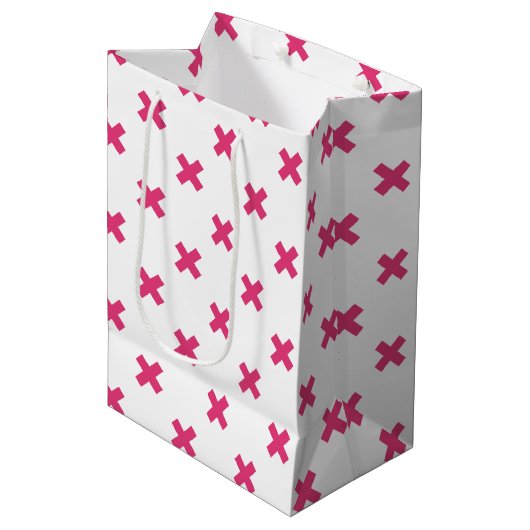 Sac Cadeau Moyen Fuchsia croix sur le blanc (Devant Angle)