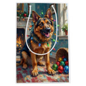 Sac Cadeau Moyen Funny German Shepherd Tangled in Christmas Lights (Devant)