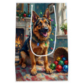Sac Cadeau Moyen Funny German Shepherd Tangled in Christmas Lights (Dos)