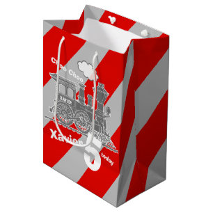 Sac Cadeau Moyen Garçons nom âge train loco gris 5e anniversaire