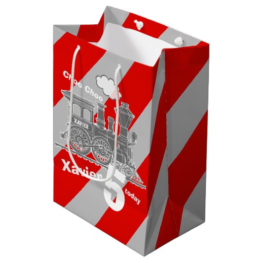 Sac Cadeau Moyen Garçons nom âge train loco gris 5e anniversaire (Devant Angle)