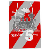 Sac Cadeau Moyen Garçons nom âge train loco gris 5e anniversaire (Devant)