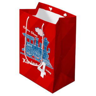 Sac Cadeau Moyen Garçons nom âge train loco rouge bleu 4e anniversa