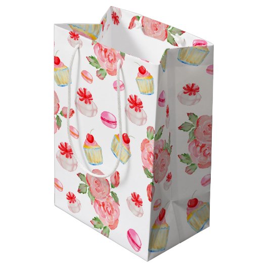 Sac Cadeau Moyen Gâteaux sucrés et roses en aquarelle (Dos Angle)