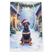 Sac Cadeau Moyen German Pinscher Snowy Courtyard Santa Hat (Devant)