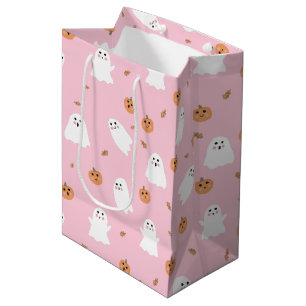 Sac Cadeau Moyen Ghost mignon et Citrouille Motif d'Halloween rose