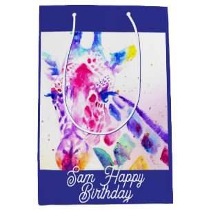 Sac Cadeau Moyen Girafe Mignonne Motif Animalier de Zoo Aquarelle