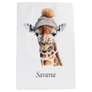 Sac Cadeau Moyen Giraffe en casquette d'hiver personnalisable