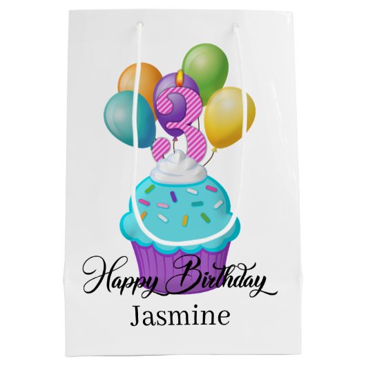 Sac Cadeau Moyen girl 3RD Birthday cupcake ajouter nom (Dos)