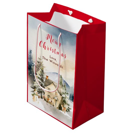 Sac Cadeau Moyen Gîte de vacances d'hiver Joyeux Noël (Devant Angle)