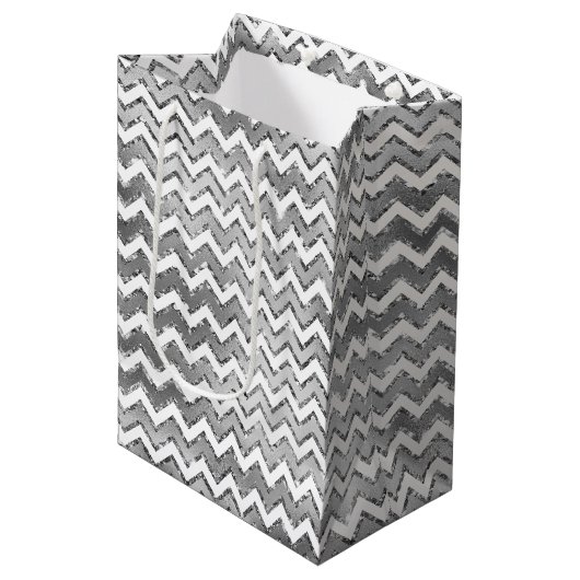 Sac Cadeau Moyen Glam Silver White Zigzag Stripes (Devant Angle)