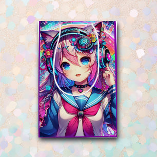 Sac Cadeau Moyen Glitchcore coloré Anime Girl Artwork Anniversaire