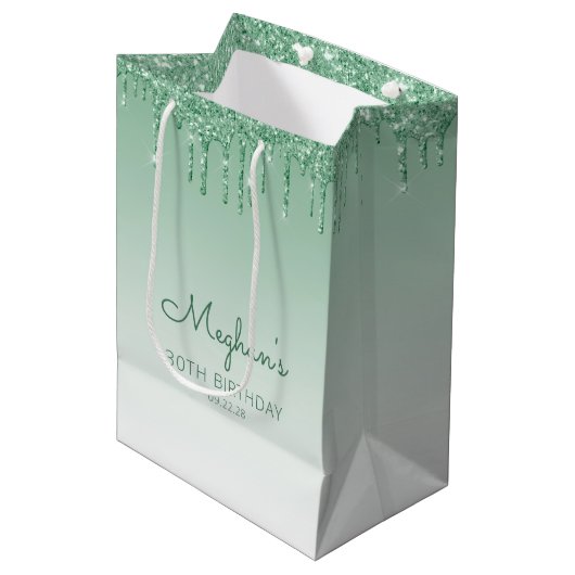 Sac Cadeau Moyen Glitter Drip 30e Anniversaire Vert (Devant Angle)