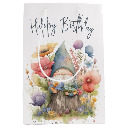 Sac Cadeau Moyen Gnome D'Anniversaire En Fleurs (Devant)