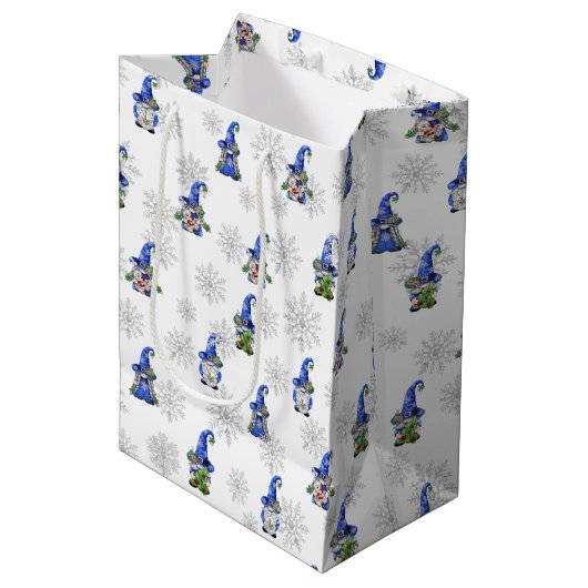 Sac Cadeau Moyen Gnomes de Noël et flocons de neige (Devant Angle)