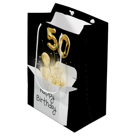 Sac Cadeau Moyen Gold 50th Birthday Balloons en boîte (Devant Angle)