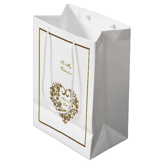 Sac Cadeau Moyen Gold Glitter Flourish Valentine (Devant Angle)