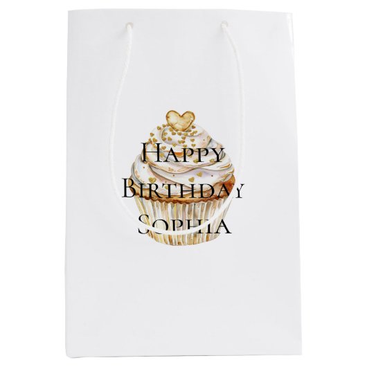 Sac Cadeau Moyen Gold Hearts Cupcake Birthday (Devant)