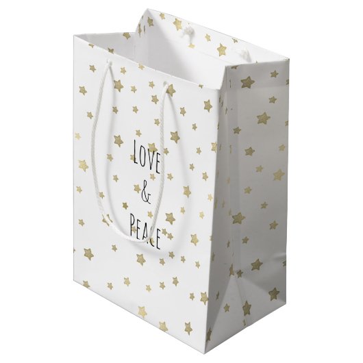 Sac Cadeau Moyen Gold Stars Amour et Paix (Devant Angle)