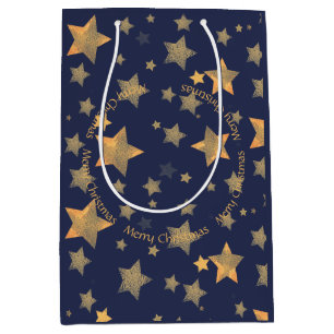 Sac Cadeau Moyen Golden Christmas Star Blue Elegant Classic Vintage