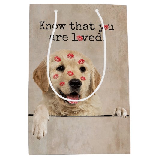 Sac Cadeau Moyen Golden Retriever avec des baisers en bâton à lèvre (Devant)