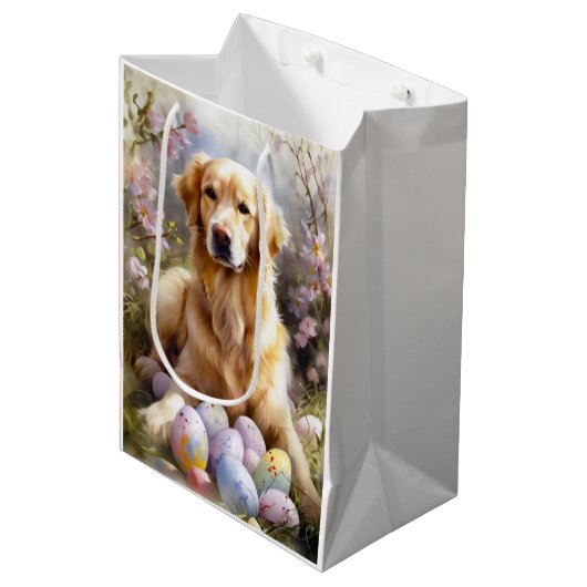 Sac Cadeau Moyen Golden Retriever avec oeufs de Pâques (Devant Angle)