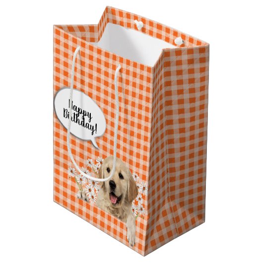 Sac Cadeau Moyen Golden Retriever dans les marguerites sur en vichy (Devant Angle)