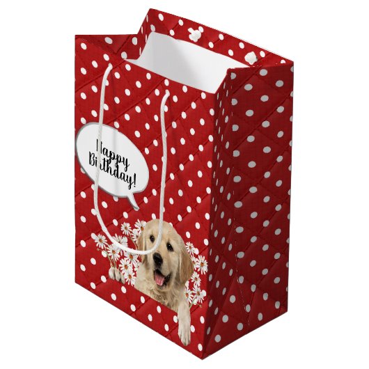 Sac Cadeau Moyen Golden Retriever dans les marguerites sur les pois (Devant Angle)