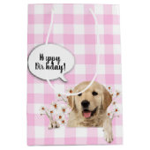 Sac Cadeau Moyen Golden Retriever en marguerite sur en vichy (Devant)