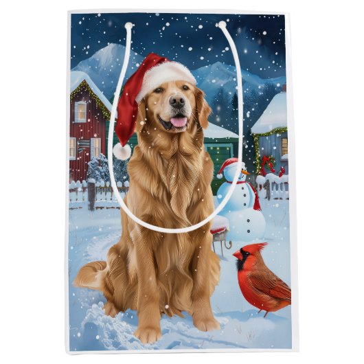 Sac Cadeau Moyen Golden Retriever Winter Wonderland Noël Joie (Devant)