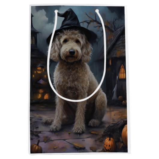 Sac Cadeau Moyen Goldendoodle Citrouille Halloween effrayant (Devant)