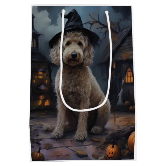 Sac Cadeau Moyen Goldendoodle Citrouille Halloween effrayant (Dos)