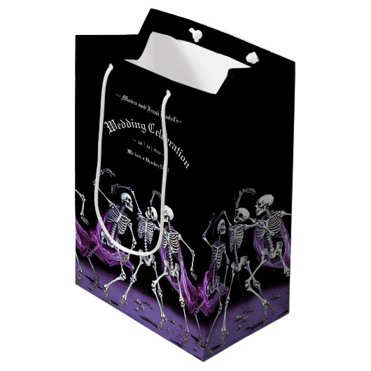 Sac Cadeau Moyen Gothique Violet Danser Skeletons Mariage Faveur (Devant Angle)