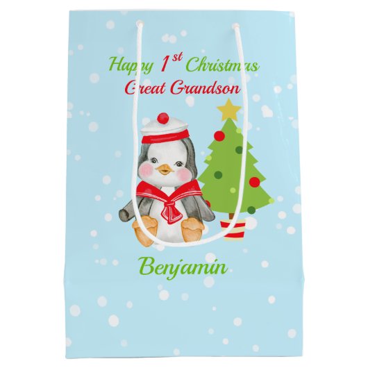 Sac Cadeau Moyen Grand-fils Joyeux 1er Penguin de Noël (Dos)