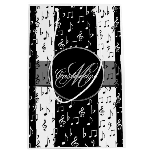 Sac Cadeau Moyen Grandes bandes musicales noires et blanches monogr (Devant)