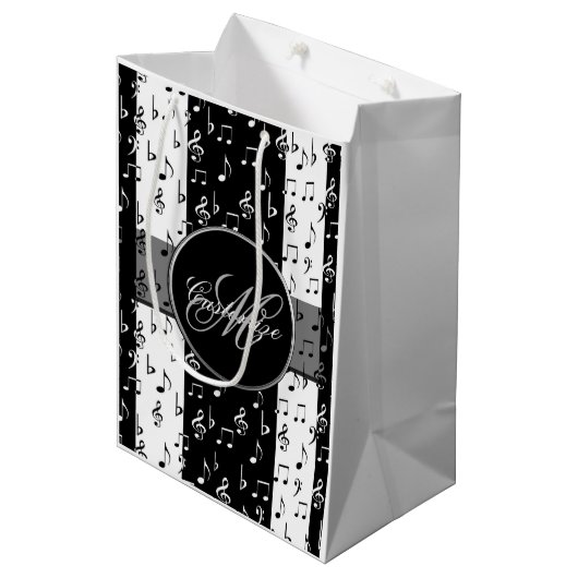 Sac Cadeau Moyen Grandes bandes musicales noires et blanches monogr (Devant Angle)