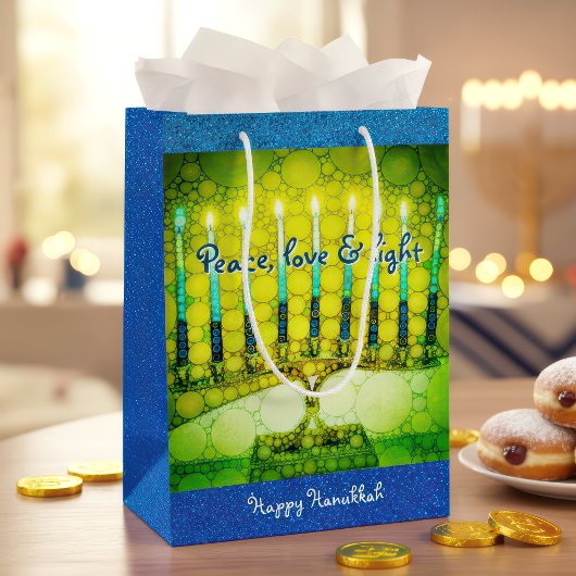 Sac Cadeau Moyen Green Hanoukka Menorah Peace Love Script
