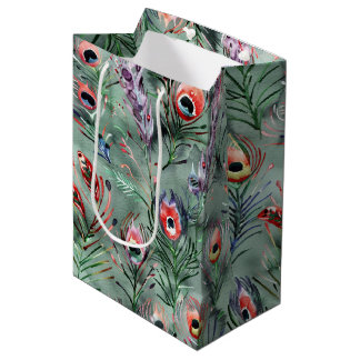 Sac Cadeau Moyen Green Red Peacock Feathers Birthday